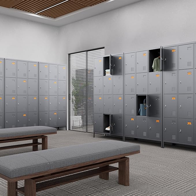 12 Doors Metal Lockers for Employees with 12 Hooks, Storage Locker with Business Card Holder for Office Gym School Bedroom, Assembly Required, Dark Gray