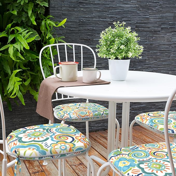 Indoor/Outdoor Chair Cushions 16x17 Inch, Patio Chair Cushions with Ties, All Weather Seat Cushions for Patio Furniture Home Garden Chair Use, Set of 4, Flower Blue