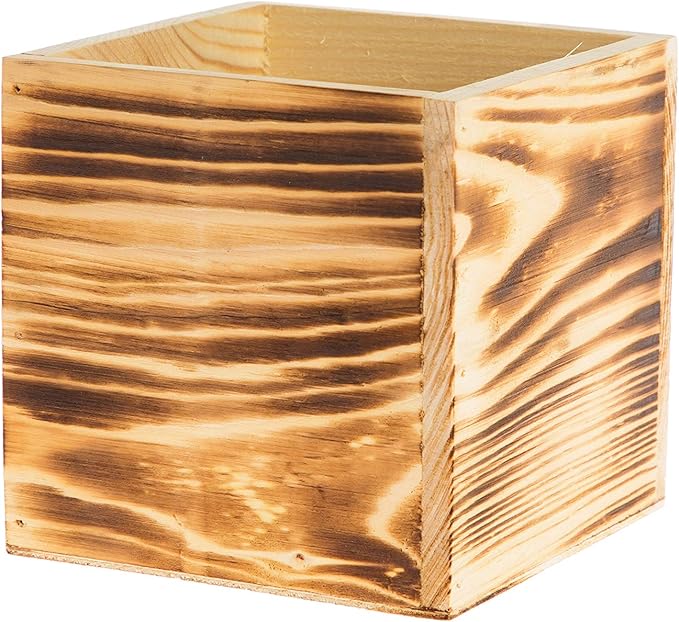 Wooden Planter Box, Rustic Burned Wood/Whitewash with Plastic Liner l Garden Decor l Restaurant and Wedding Decorations l Wood Box (5x5 Set of 4, Burned Wood)