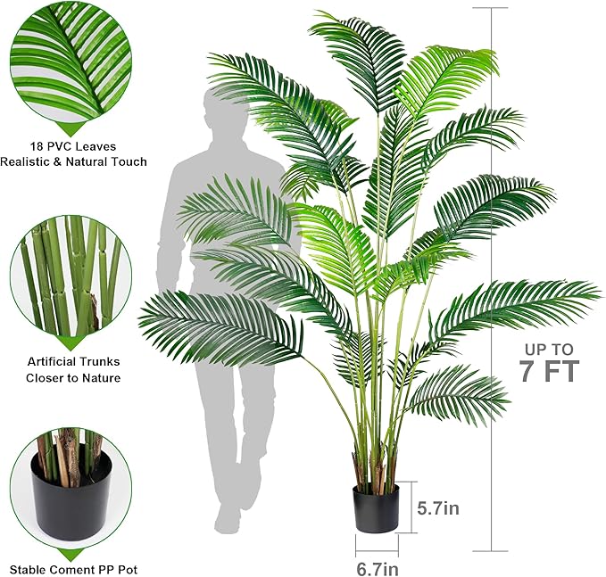 KOL 7ft 2-Pack Artificial Areca Palm Plant in Pot, Fake Tropical Cane Palm Silk Tree Indoor Outdoor, Dypsis Lutescens Plants, 82.7in Lifelike Faux Silk Plant Home Garden Decoration, Housewarming Gift
