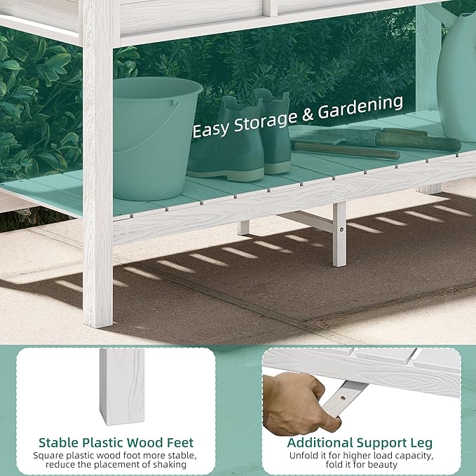 YITAHOME 48x18x30in Raised Garden Bed, Weather Resistant Poly Lumber Planter Box with Legs & Storage Shelf, Elevated Garden Bed for Yard, Garden, Balcony - White