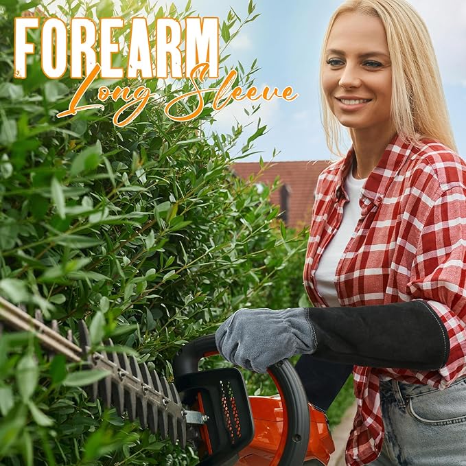 HANDLANDY Long Gardening Gloves for Men & Women, Cowhide Leather Rose Pruning Gloves, Breathable Thorn Proof Gauntlet Glove (Dark Grey-Black, M)