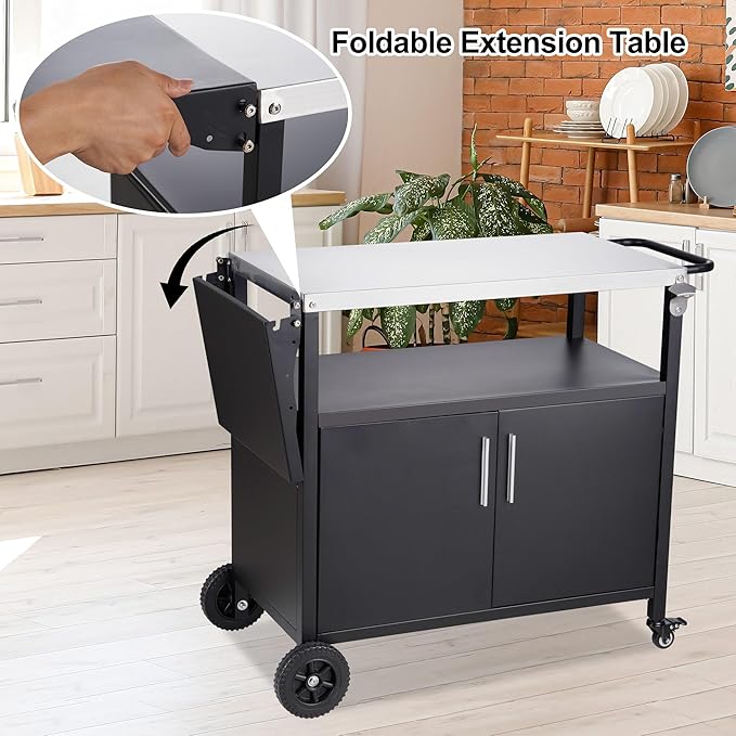 Spurgehom Outdoor Grill Cart, Pizza Oven Stand Table with Stainless Steel Top Movable Kitchen Cooking Prep Table BBQ Cart Kitchen Prep