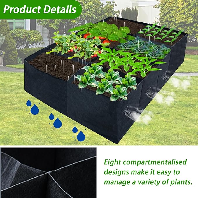 2 Pack 6x3x1ft Fabric Raised Garden Beds,128 Gallon 8 Grids Rectangle Plant Grow Bags,Durable Outdoor Gardening Planting Container Planter Pot for Growing Herbs Flowers Vegetables Potatoes Chillies