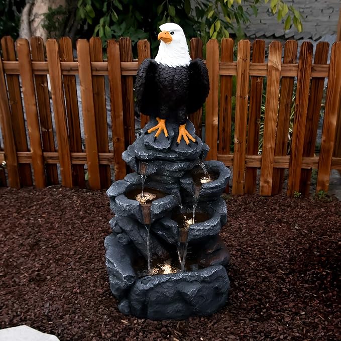 YZM Bald Eagle Statue Outdoor Fountain Tiered Cascading Rock Water Fountain Outdoor Garden Waterfall Decor for Garden Patio Backyard Deck Porch Outside Water Feature 39.76" H