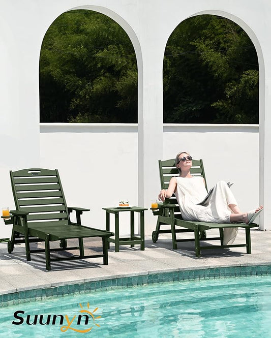 Chaise Lounge Outdoor with Wheels, Adjustable 6-Position Chaise Lounge Outdoor, Patio Lounge Chair for Poolside Backyard, Green