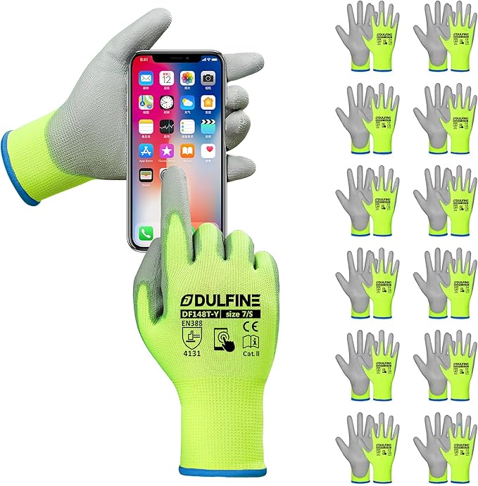 Safety Work Gloves PU Coated for Men and Women-12 Pairs,Hi-Vis Yellow Seamless Knit Glove with Two Fingers Touchscreen,Ideal for General Duty Work (Small)