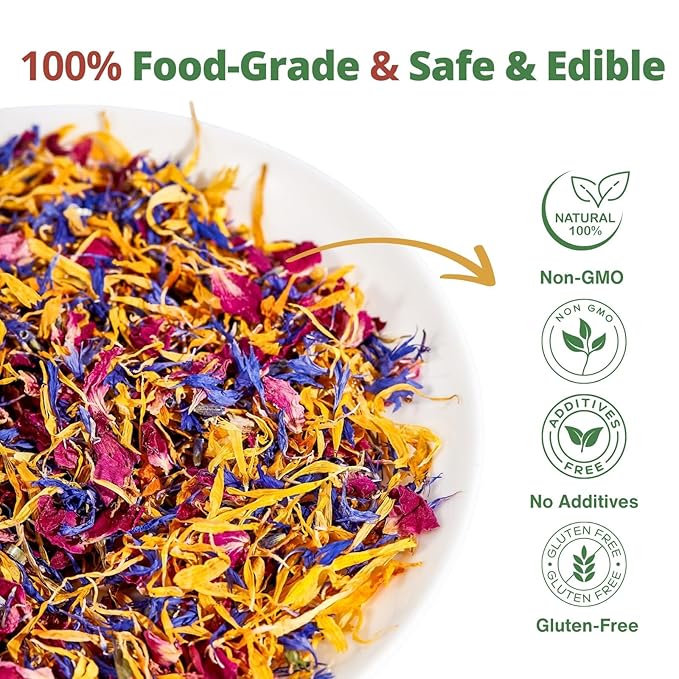 Edible Flower Sprinkles for Cake Decorating– 1oz Dried Edible Flowers Mix Rose, Cornflower, Calendula, Lavender– Edible Cake Decorations, Cupcake Sprinkles Flower for Drinks, Cocktails & Desserts