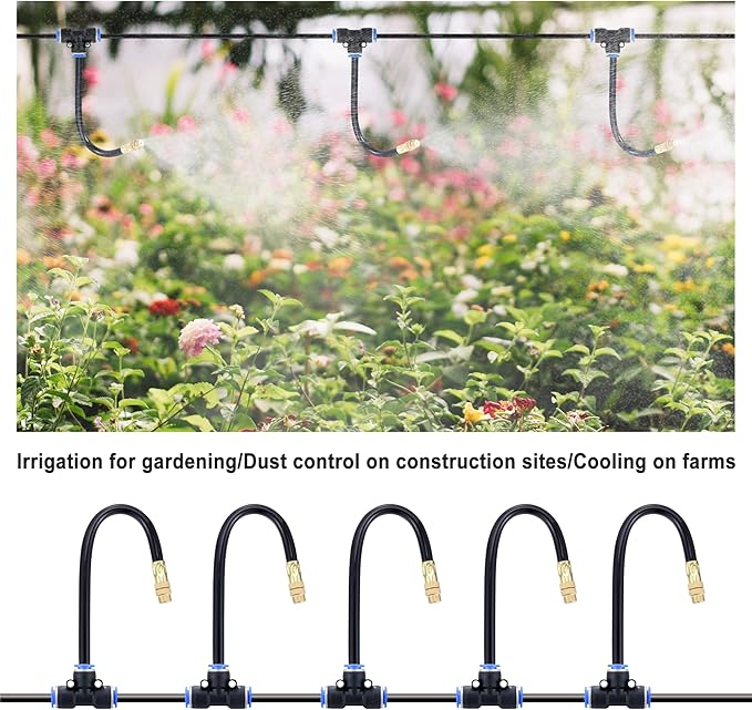 Mornajina 5Packs Brass Misting Nozzles Tee with 8inch Built in Hose for Outdoor Cooling System, Adjustable 360° Rotation, Water Mister Nozzles Thread Sprayer 0.043" (1.1 mm)