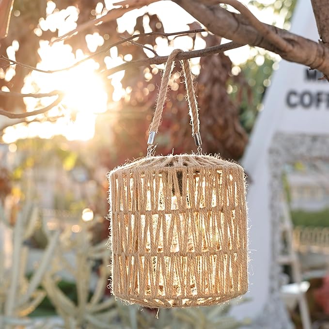 Cooo Solar Lantern Outdoor Hanging – Handwoven Jute Rope Lantern with Warm Edison Bulb, IP65 Waterproof Solar Powered Garden Light for Porch Patio, Yard Table Rustic Boho Decor, 8.27” Tall