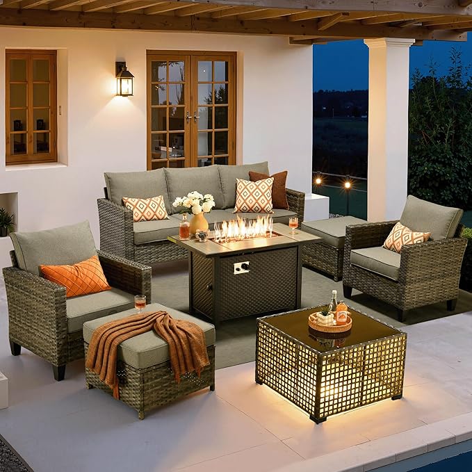 ovios 7 Pieces Patio Furniture Set with 42" Fire Pit Table, Outdoor Sofa Couch with Solar Lights Table Comfy Cushions, Modern Deep Seat Wicker Rattan Conversation Set, Dark Grey