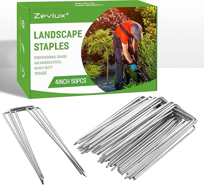 Landscape Staples 4 Inch 50Pcs 12 Gauge Garden Stakes, Heavy Duty Galvanized Garden Staple for Fences, Lawns, Weed Barriers, and Landscape Fabrics, Netting, Irrigation Hose, Floor Mats