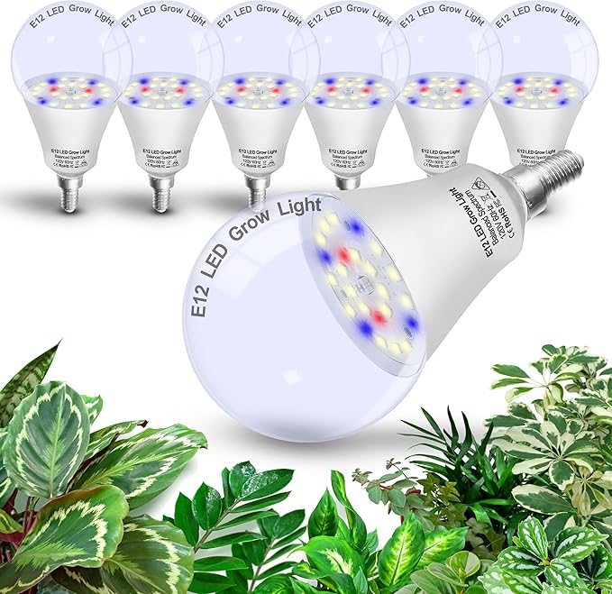 Grow Light Bulbs E12 Candelabra Small Screw Base for Indoor Plants Full Spectrum,Grow LED Light Bulb 10W with Balanced Spectrum 5000K Blue Red for Seeds Greens Laboratory,School,Greenhouse Garden,6Pcs