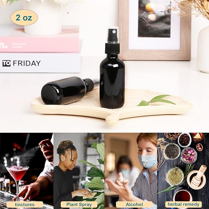 Black Glass Small Spray Bottle 2 oz 48 Packs,Fine Mist Sprayer Small Clear Bottles,Refillable Containers mini spray bottles for Cleaning Solutions and Skin Care (Black 48pcs)