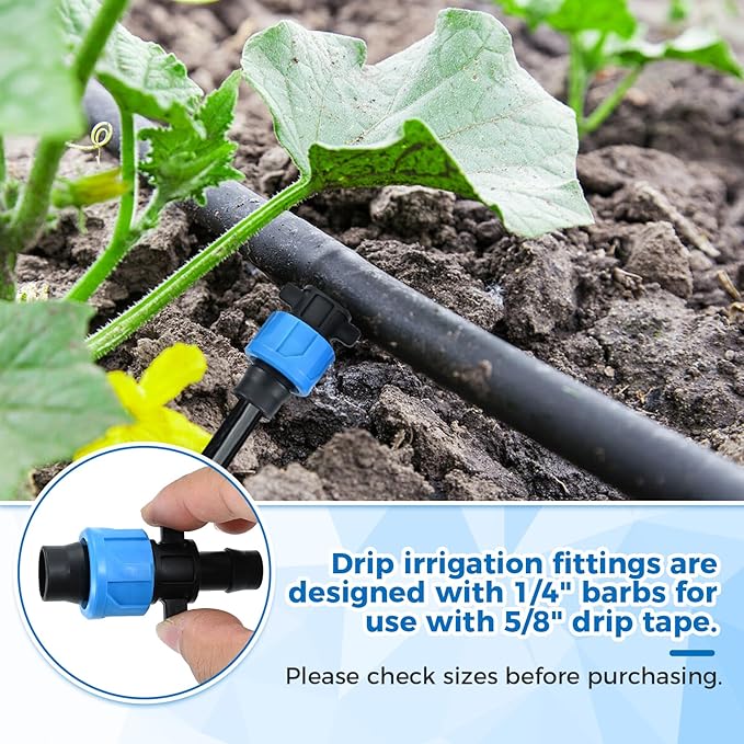 50 Pcs Drip Irrigation Connector, Drip Tape Fittings, Drip Tape Connector Tubing Coupling Barbed Locking Fitting Kit for 5/8" Drip Tape Sprinkler, 1/4" Barb Drip Irrigation Tools