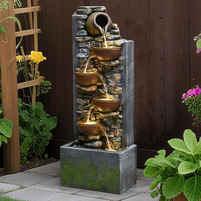 39" Outdoor Garden Water Fountain with Lights 5 Tiers Cascading Large Waterfall Floor Standing Fountain for Patio, Backyard, Deck, Porch and Home Art Decor