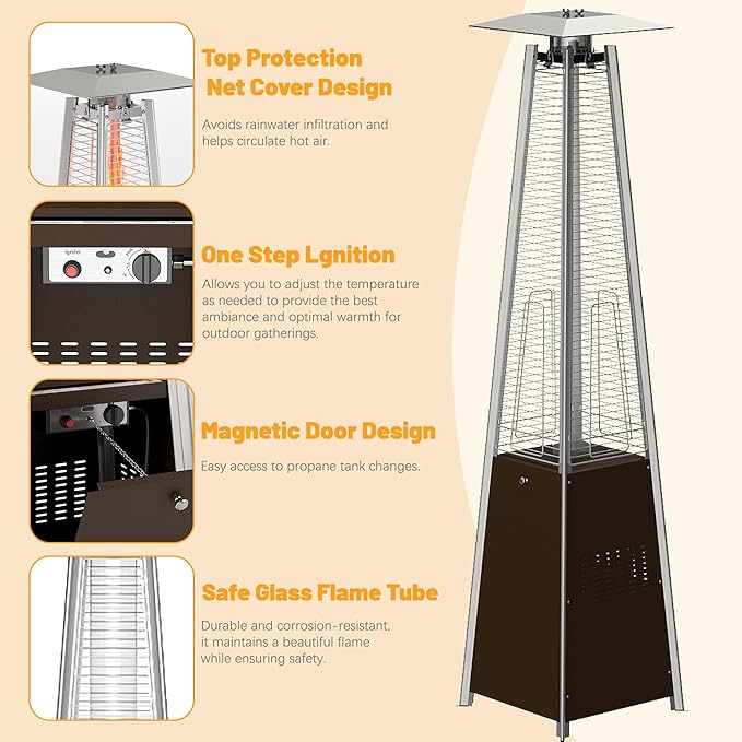FOOWIN Patio Heater,48,000 BTU Outdoor Patio Heater with Wheels,Propane Patio Heater w/Waterproof Cover & Gloves,Quartz Glass Tube Pyramid Patio Heater for Outdoor Use,Party,Backyard,Garden,Bronze