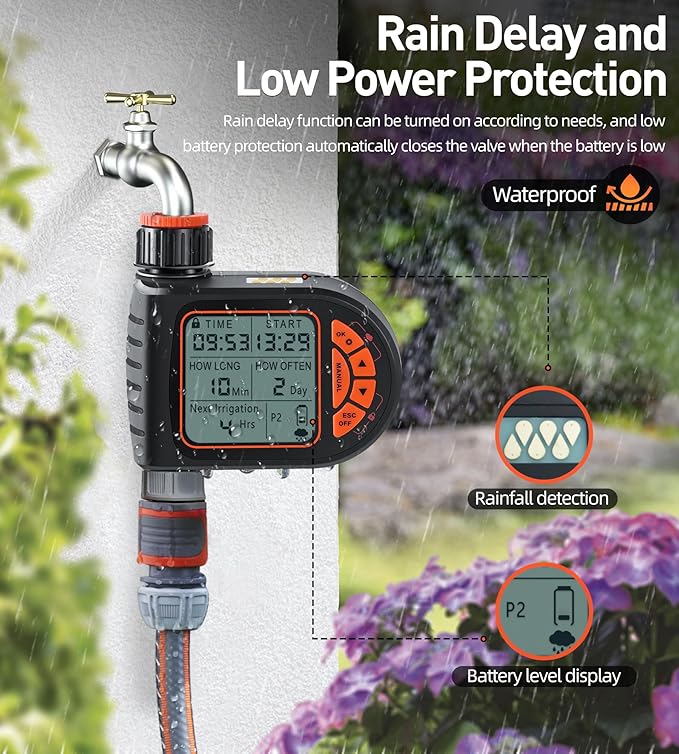 Oscillating Sprinkler with Irrigation Timer, Adjustable Sprinklers for Yard Large Area, Cover up to 3,600 sq. ft, Programmable Water Sprinkler Timer, Rain Delay Lawn & Garden Sprinklers Timer