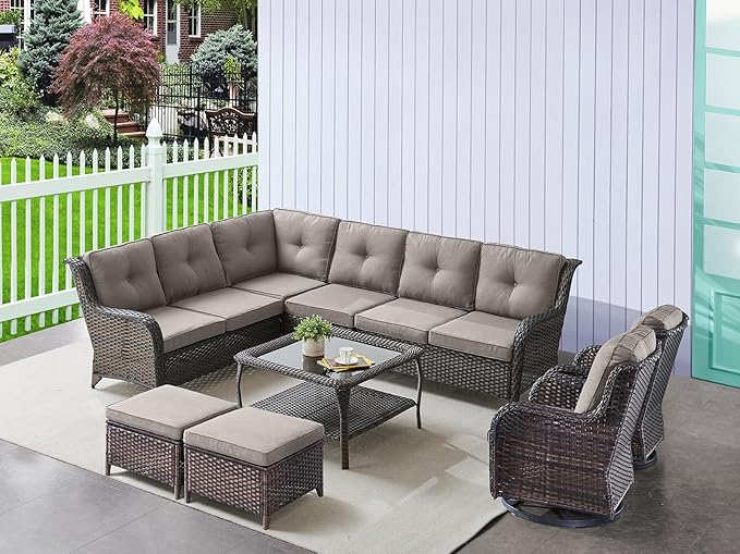 HUMMUH 9 Piece Patio Furniture PE Wikcer Outdoor Furniture Set with Sectional Sofa Swivel Patio Chairs Ottomans and Glass Coffee Table for Yard,Garden,Lawn