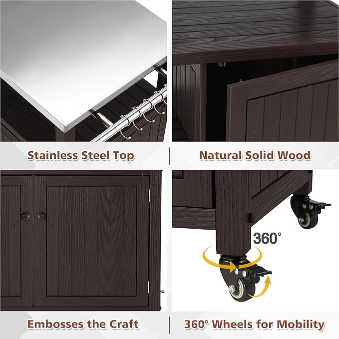 Spurgehom Outdoor Grill Table Solid Wood Storage Cabinet, Rolling Kitchen Island, Movable Bar Cart with Stainless Steel Top for Outside Patio, Backyard, Garden (Two Doors)