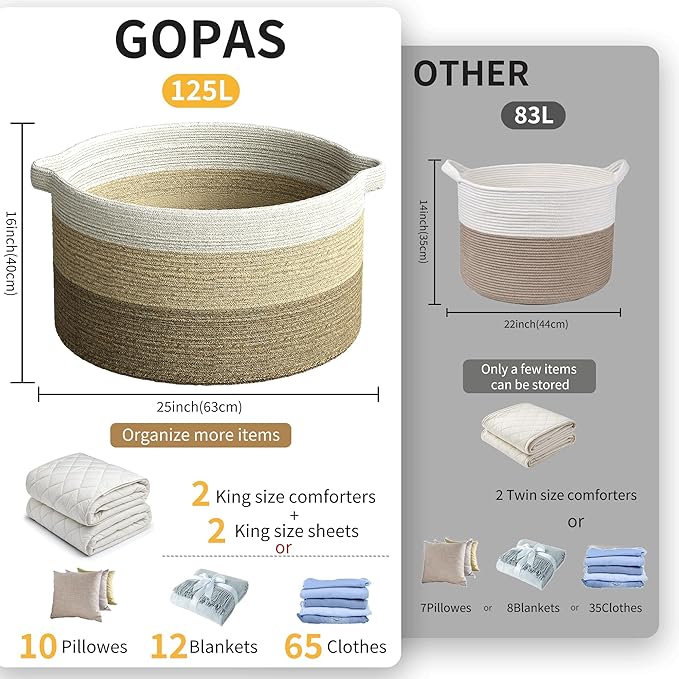 125L Extra Large Blanket Basket, 25" x 16", Jumbo Laundry Woven Basket Decorative Home, Cotton Rope Basket with Handles, Baby Toy Basket for Storage, Gradual Brown