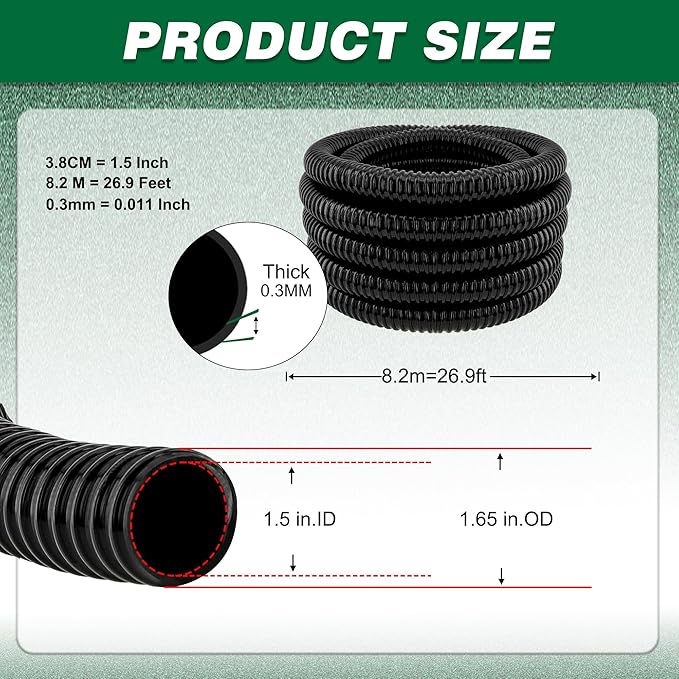 Kinkproof 1.5" Flexible PVC Pond Tubing, 26.9 Ft Length, Corrugated Hose for Connecting Pond Components, Waterfalls, Filters & More, Black