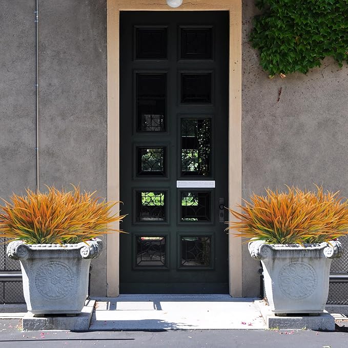 Uieke 28 Bundles Artificial Outdoor Plants UV Resistant Fake Grass Plants Faux Plastic Plants Greenery Shrubs for Home Garden Pathway Window Box Front Porch Cemetery Fall Decor, Autumn Orange