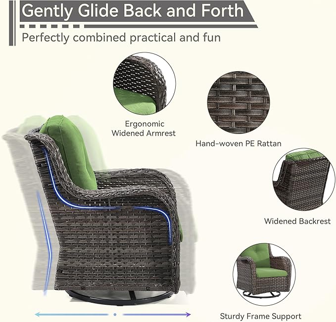 2 Pieces Outdoor Swivel Rocker Patio Chairs Set - Outdoor Wicker Patio Conversation Sets with 1 Side Table, Olefin Fabric Cushions Suitable for Backyard Deck and Porch, Green