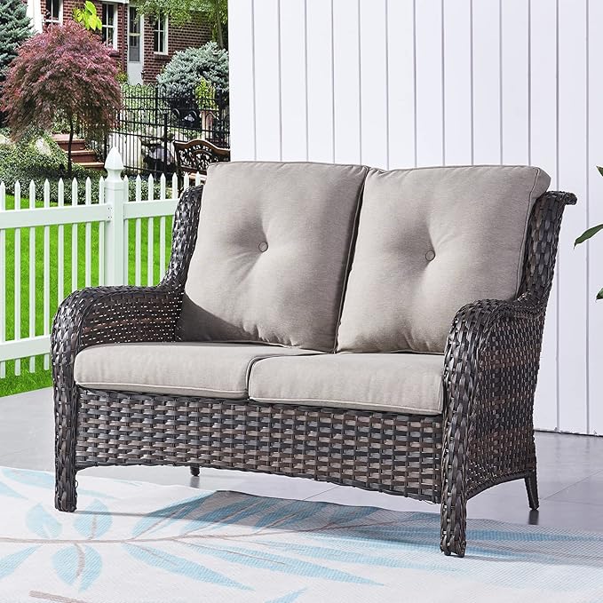 HUMMUH 6 Pieces Outdoor Patio Furniture Set Wicker Swivel Patio Chairs with Ottomans 2 Seater Outdoor Sectional Sofa/Patio Loveseat with Coffee Table