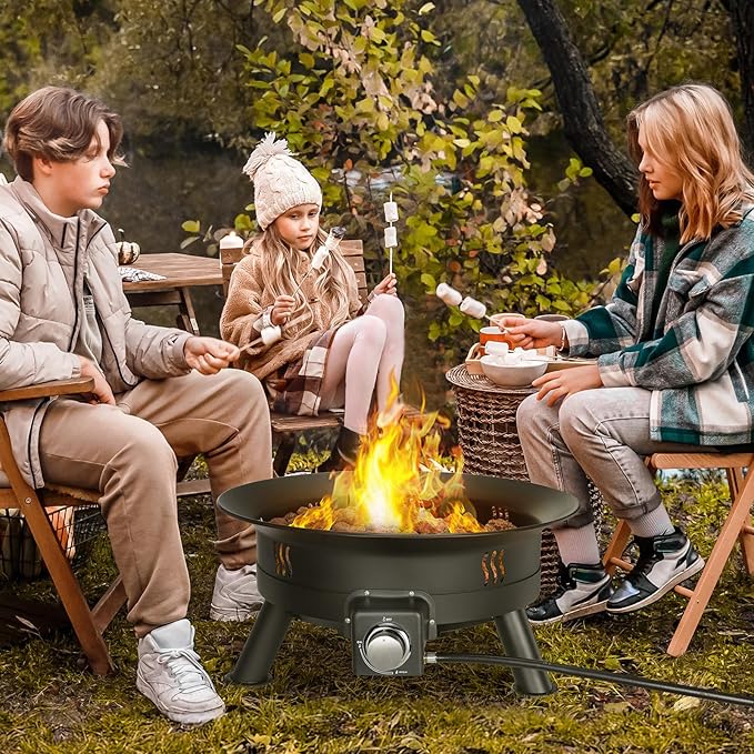 TLSUNNY 24'' Propane Fire Pit，58,000 BTU Portable Smokeless Firebowl with Self Igniter,Cover，Lava Rocks，Gas Cylinder Holder for Camping，Outdoor Living，Patio，Backyard,Tailgating,Garden，Deck,RV
