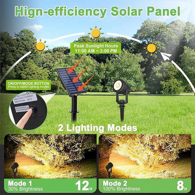 Solar Spotlights Outdoor 2Pack Warm White Auto Dusk to Dawn Landscape Lights, IP65 Waterproof Solar Lights for Garden Yard Path 2-in-1 Ground or Wall Mount