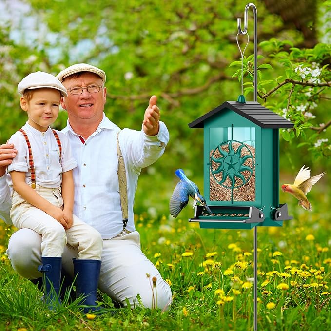 Squirrel Proof Bird Feeders for Outdoors, 5LBS Large Capacity Metal Wild Bird Feeder with Bilateral Weight-Activated Perches, Anti Squirrel Bird Feeders for Outside Finch, Cardinal, Blue Jay (Green)