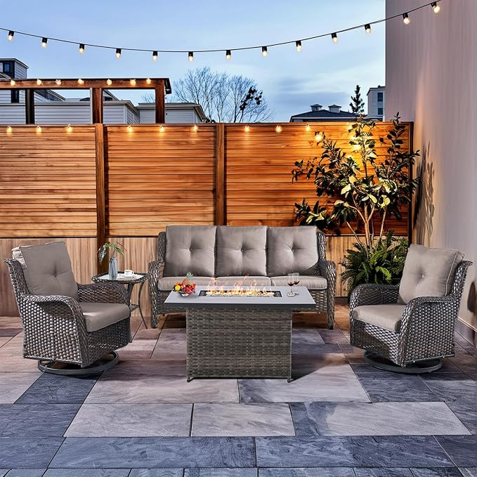 HUMMUH Patio Furniture Set with Fire Pit Table 5-Piece Wicker Outdoor Swivel Rocker Patio Chairs High Back Outdoor Couch Conversation Set for Porch, Backyard, Deck