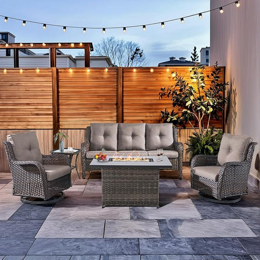 HUMMUH Patio Furniture Set with Fire Pit Table 5-Piece Wicker Outdoor Swivel Rocker Patio Chairs High Back Outdoor Couch Conversation Set for Porch, Backyard, Deck