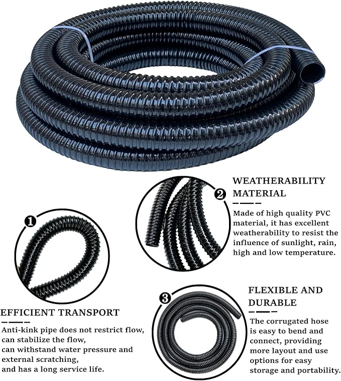 Pond Tubing 1 inch Id Black Plastic Corrugated Water Hose Strong Flexible Sump Pump Drain Hose Pipe 20Ft
