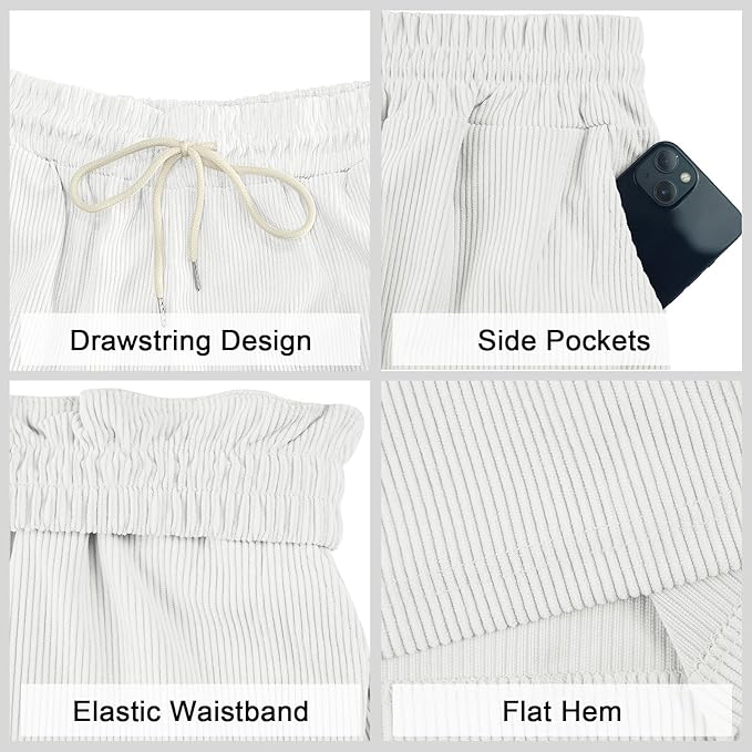 Mens Cargo Shorts Casual Drawstring Elastic Waist Corduroy Summer Beach Shorts with Pockets