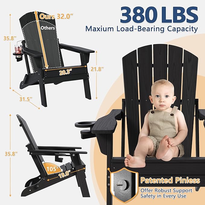 Folding Adirondack Chair Set of 3 with Cup Holder, HDPE All Weather Resistant Plastic Outdoor Patio Chairs, Heavy Duty Fire Pit Seating for Backyard Lawn Garden, Wooden Textured Design(Black)