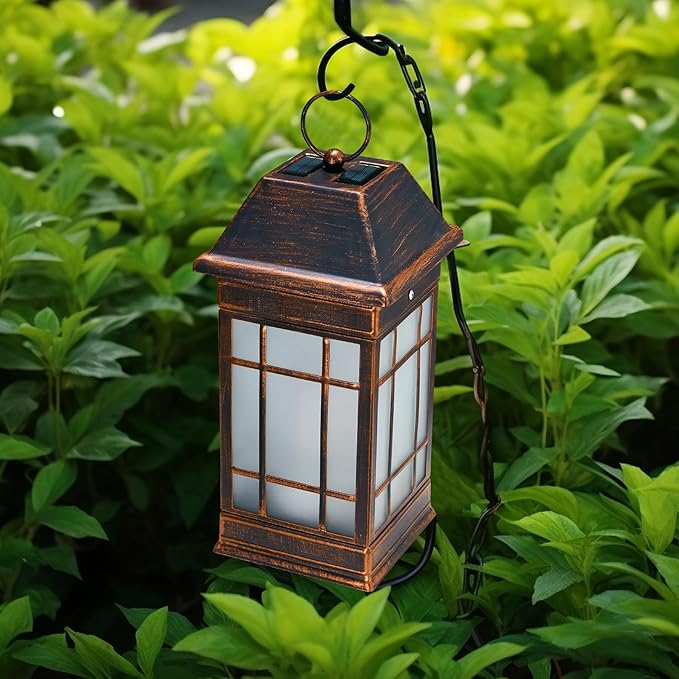14" Solar Lantern Outdoor Waterproof, Glass Flickering Flame Solar Lanterns, Hanging Metal Lantern Decorative for Patio Front Porch Garden Backyard Tabletop Party Decoration