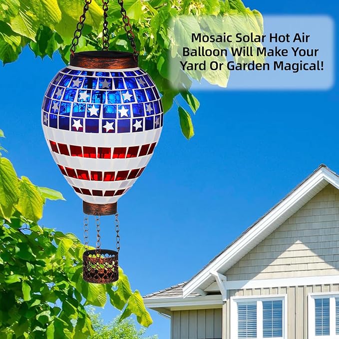 VOREEN American Flag Hot Air Balloon Solar Lantern, Mosaic Solar Outdoor Hanging Wind Light, IP44 Waterproof, Patio Festive Decor, Patriotic Theme, Easter Gifts for Mom Grandma
