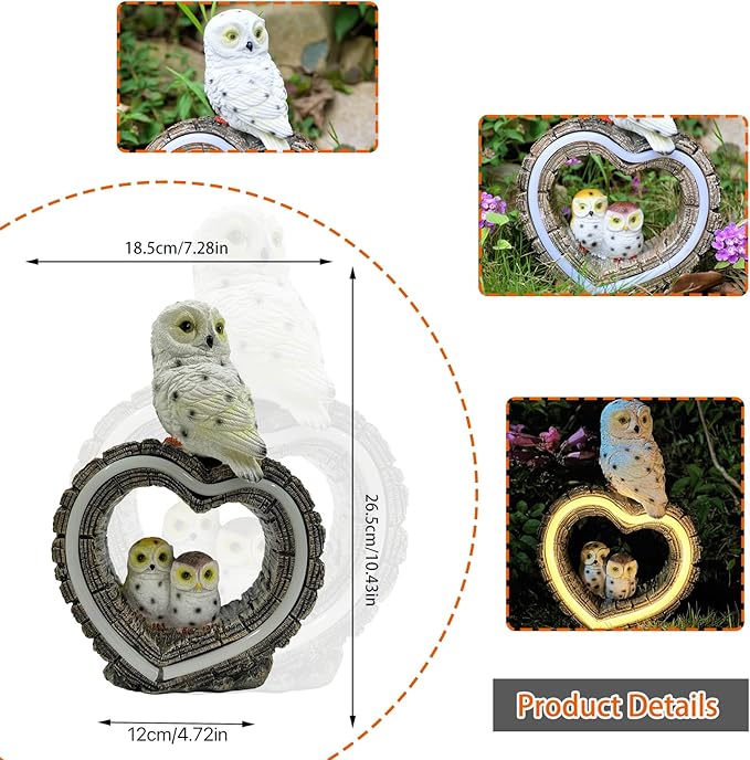 Solar Garden Lights, Solar Sculpture LED Lights, Outdoor Waterproof Handmade Resin Statue, Love Statue Decoration for Path, Yard, Lawn, Gift for Mom Christmas (White Love Owl)