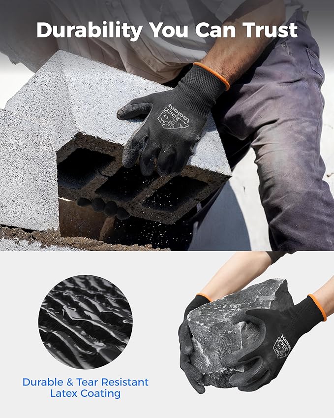 toolant Crinkle Latex Work Gloves Bulk, Rubber Coated Safety Work Gloves for Men and Women, 120 Pairs for Construction, Gardening, Warehouse (Black, XL)
