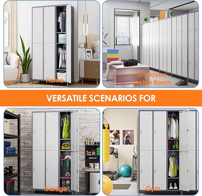 METAN Metal Locker for School Office Gym Bedroom,6 Doors Steel Storage Lockers Cabinet for Employees,Industrial Storage with 1 Shelf,Assembly Required,Gray White