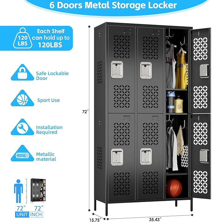 METAN Upgrade Metal Locker for School Office Gym Bedroom,6 Doors Steel Storage Locker Cabinet for Employees,Industrial Storage Locker with 1 Shelves,Assembly Required,Black