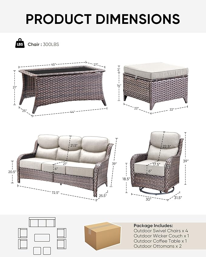 HUMMUH Wicker Patio Furniture Set 6 Inch Thick Cushion Outdoor Swivel Rocker Patio Chairs with Deep Seat Sofa 6PCS Outdoor Furniture Set for Porch Garden Deck