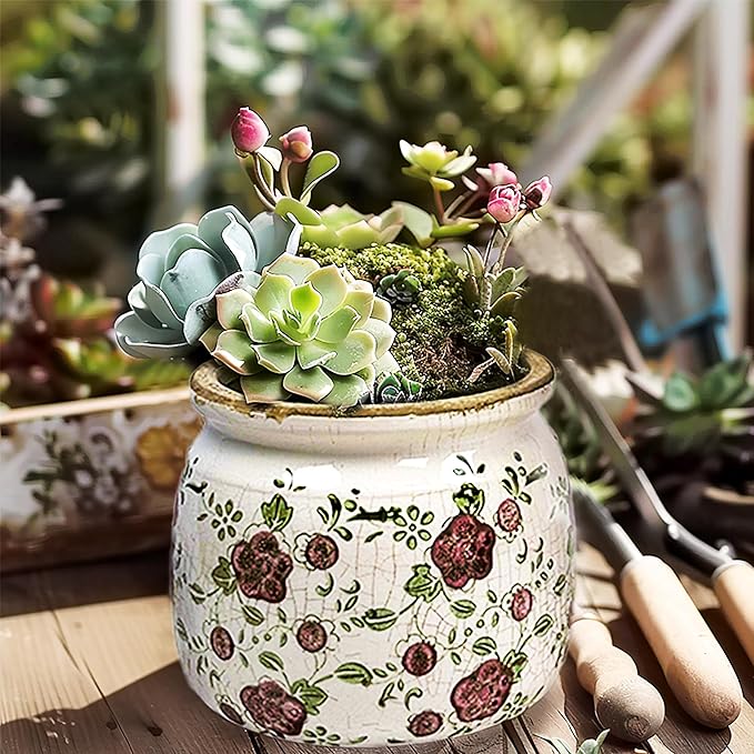 Vintage Red Ceramic Ice Crack Flower Pot with Drainage Holes, Country Rustic Planters for Indoor and Outdoor,Tuscan Decor,Home,Living Room, Garden Decor, Gardening Gift