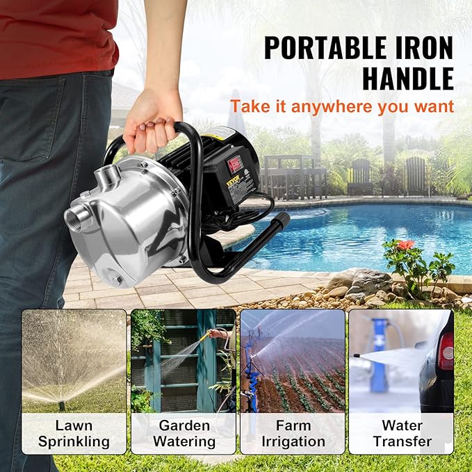 VEVOR 1.1 HP Portable Shallow Well Pump, 978 GPH Garden Jet Pump, 115V, 131 ft Height, Stainless Steel Sprinkler Booster Pumps for Garden Lawn Irrigation system, Lake Fountain, Water Transfer