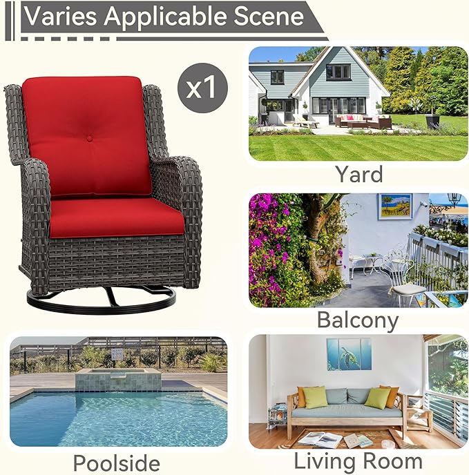 Outdoor Swivel Rocker Patio Chair - Outdoor Wicker Patio Glider Chair with Olefin Fabric Cushions Suitable for Backyard Deck and Porch, Red