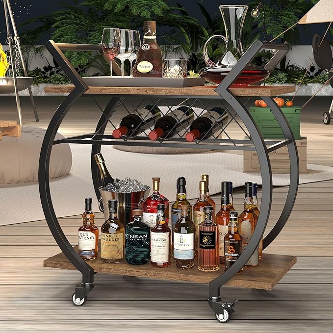 LVB Industrial Kitchen Bar Cart, Farmhouse Beverage Serving Liquor Cart with Wheels, Wood and Metal Rolling Wine Cart with Storage Shelf, Microwave Drink Cart for Home Living Dining Room, Rustic Brown
