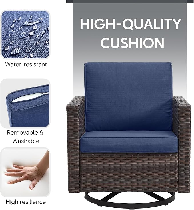 9 Piece Wicker Patio Furniture Set - Outdoor Swivel Rocker Chairs Set with Coffee Table, Rattan Chairs, 3 Seat Sofa & Ottomans, Patio Conversation Sets for Bcakyard Deck - Brown/Blue