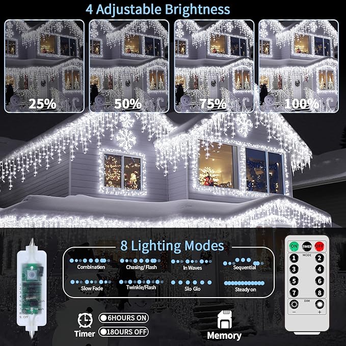 XZAI 800LED 50FT, Icicle String Lights, Plug-in, Cool White, Christmas Party Decors, Connectable, Memory, Remote, 8 Modes, Timer, Dimmable, IP65 Waterproof, Hanging Light for Outdoor & Indoor Use